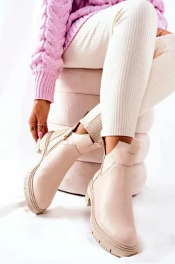 Discount Boto Skórzane Botki Ocieplane Z Wycięciem Beżowe Tanya