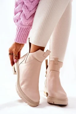 Discount Boto Skórzane Botki Ocieplane Z Wycięciem Beżowe Tanya