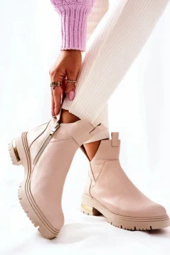 Discount Boto Skórzane Botki Ocieplane Z Wycięciem Beżowe Tanya