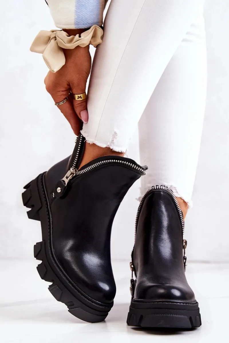 Hot Skórzane Botki Ozdobne Suwaki Czarne Deborah Damskie Czarne Botki|Brązowe I Beżowe Botki