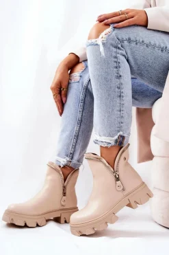 Clearance Boto Skórzane Botki Ozdobne Suwaki Beżowe Deborah