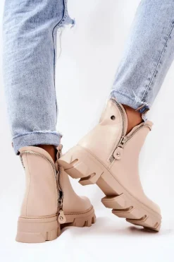 Clearance Boto Skórzane Botki Ozdobne Suwaki Beżowe Deborah