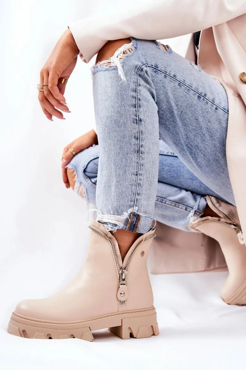 Clearance Boto Skórzane Botki Ozdobne Suwaki Beżowe Deborah