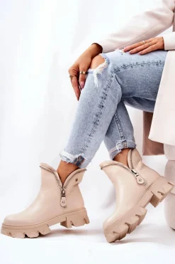 Clearance Boto Skórzane Botki Ozdobne Suwaki Beżowe Deborah