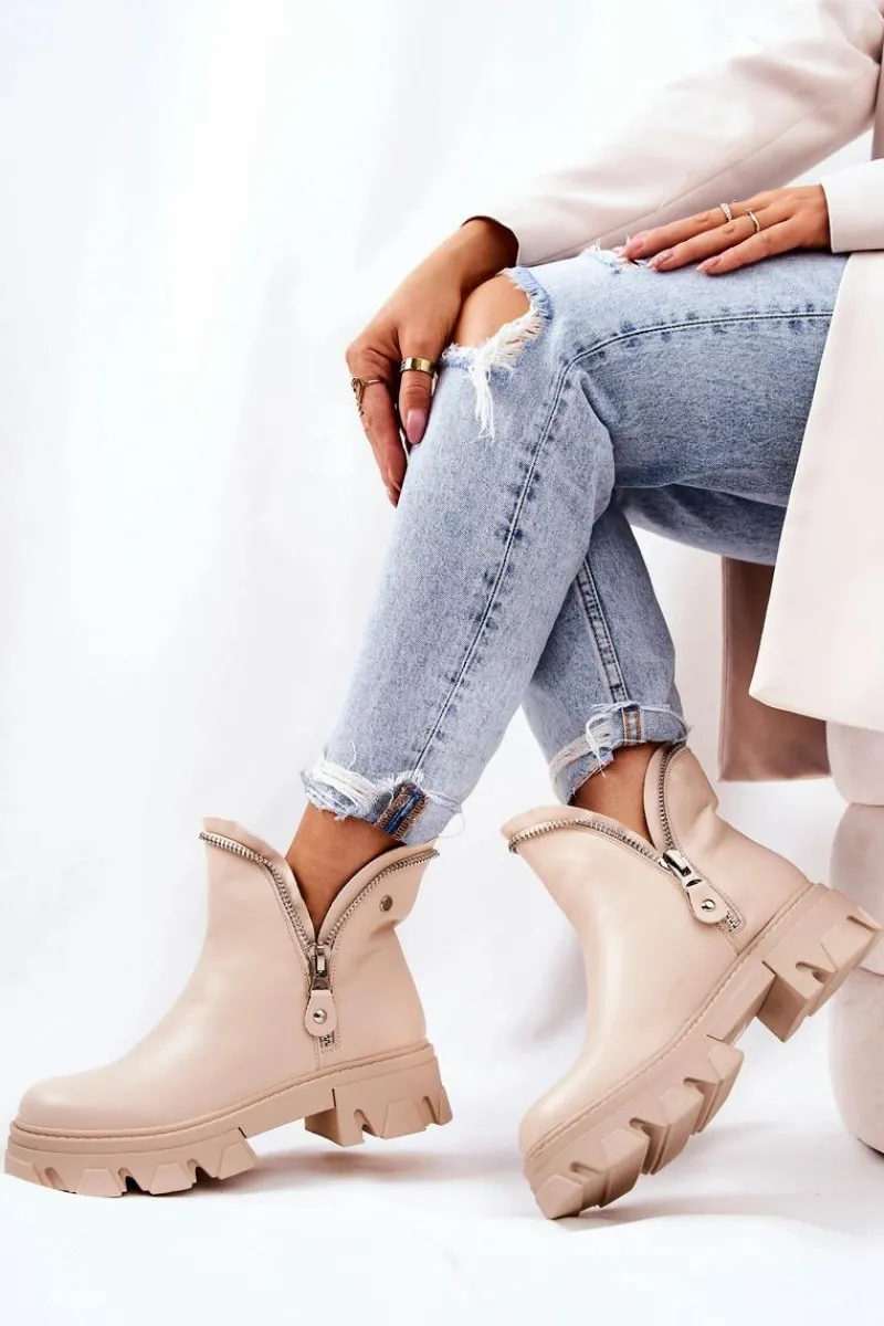 Clearance Boto Skórzane Botki Ozdobne Suwaki Beżowe Deborah