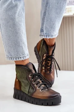 Hot Skórzane Botki Platformie I Koturnie 06702-09 Zielono-Złote Damskie Botki Maciejka|Botki Skórzane