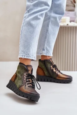 Hot Skórzane Botki Platformie I Koturnie 06702-09 Zielono-Złote Damskie Botki Maciejka|Botki Skórzane