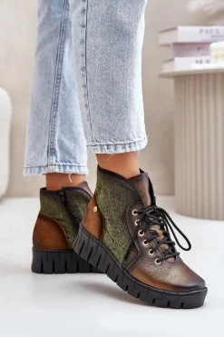 Hot Skórzane Botki Platformie I Koturnie 06702-09 Zielono-Złote Damskie Botki Maciejka|Botki Skórzane