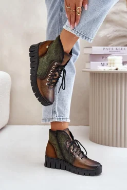 Hot Skórzane Botki Platformie I Koturnie 06702-09 Zielono-Złote Damskie Botki Maciejka|Botki Skórzane