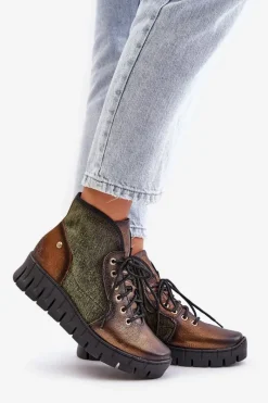 Hot Skórzane Botki Platformie I Koturnie 06702-09 Zielono-Złote Damskie Botki Maciejka|Botki Skórzane