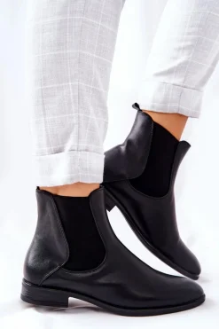 Skórzane Botki Sergio Leone BT523 Czarne Damskie Czarne Botki|Botki Zimowe Damskie