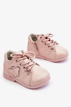 Outlet Boto Skórzane Botki Sznurowane Z Motylkiem Różowe Avi
