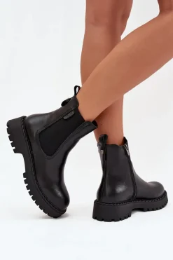 Outlet Skórzane Botki Sztyblety Damskie Ocieplane Na Zamek Big Star OO274109 Czarne Damskie Botki Ocieplane|Czarne Botki