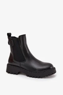 Outlet Skórzane Botki Sztyblety Damskie Ocieplane Na Zamek Big Star OO274109 Czarne Damskie Botki Ocieplane|Czarne Botki