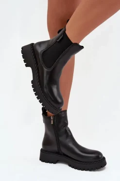 Outlet Skórzane Botki Sztyblety Damskie Ocieplane Na Zamek Big Star OO274109 Czarne Damskie Botki Ocieplane|Czarne Botki