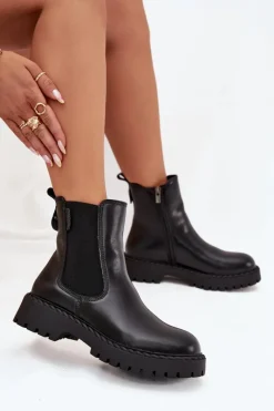 Outlet Skórzane Botki Sztyblety Damskie Ocieplane Na Zamek Big Star OO274109 Czarne Damskie Botki Ocieplane|Czarne Botki