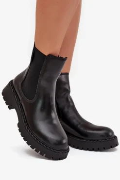 Outlet Skórzane Botki Sztyblety Damskie Ocieplane Na Zamek Big Star OO274109 Czarne Damskie Botki Ocieplane|Czarne Botki