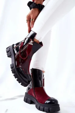 Outlet Skórzane Botki Sztyblety Czarno-Bordowe 05137-33 Damskie Botki Maciejka|Czarne Botki