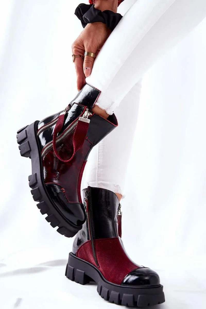 Outlet Skórzane Botki Sztyblety Czarno-Bordowe 05137-33 Damskie Botki Maciejka|Czarne Botki