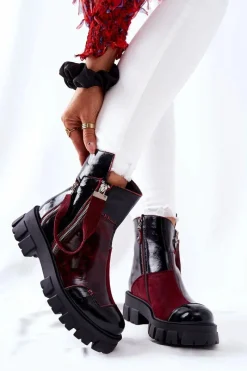 Outlet Skórzane Botki Sztyblety Czarno-Bordowe 05137-33 Damskie Botki Maciejka|Czarne Botki