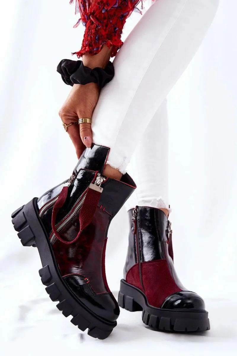 Outlet Skórzane Botki Sztyblety Czarno-Bordowe 05137-33 Damskie Botki Maciejka|Czarne Botki