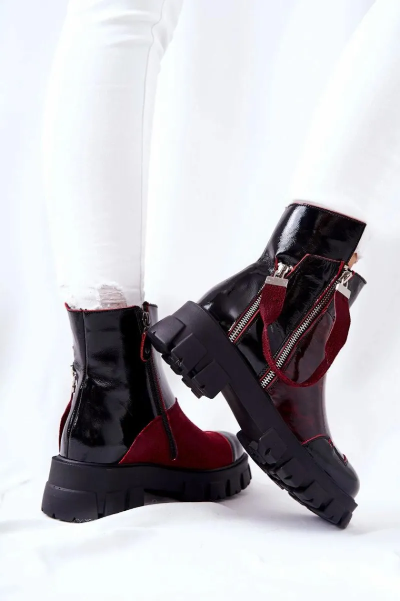 Outlet Skórzane Botki Sztyblety Czarno-Bordowe 05137-33 Damskie Botki Maciejka|Czarne Botki