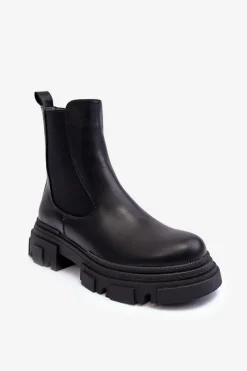 Boto Skórzane Botki Sztyblety Na Płaskim Obcasie i Platformie Czarne Solita