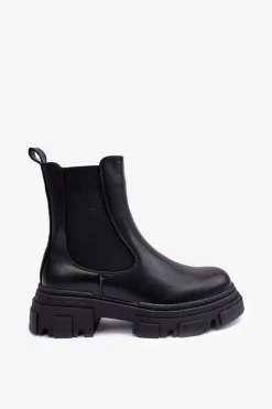 Boto Skórzane Botki Sztyblety Na Płaskim Obcasie i Platformie Czarne Solita