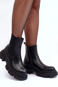 Boto Skórzane Botki Sztyblety Na Płaskim Obcasie i Platformie Czarne Solita