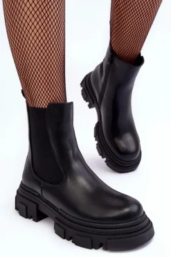 Boto Skórzane Botki Sztyblety Na Płaskim Obcasie i Platformie Czarne Solita