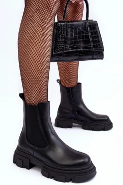 Boto Skórzane Botki Sztyblety Na Płaskim Obcasie i Platformie Czarne Solita