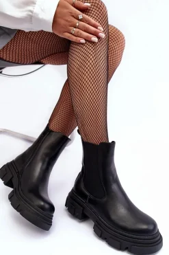 Boto Skórzane Botki Sztyblety Na Płaskim Obcasie i Platformie Czarne Solita