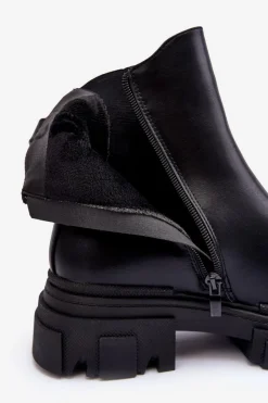 Boto Skórzane Botki Sztyblety Na Płaskim Obcasie i Platformie Czarne Solita