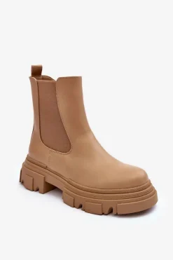 Hot Boto Skórzane Botki Sztyblety Na Płaskim Obcasie i Platformie Beżowe Solita