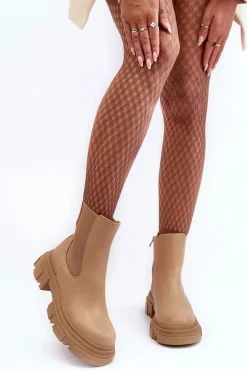 Hot Boto Skórzane Botki Sztyblety Na Płaskim Obcasie i Platformie Beżowe Solita