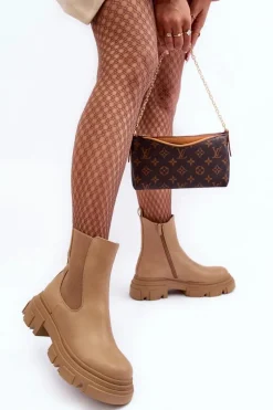 Hot Boto Skórzane Botki Sztyblety Na Płaskim Obcasie i Platformie Beżowe Solita