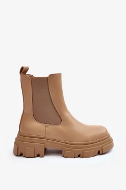 Hot Boto Skórzane Botki Sztyblety Na Płaskim Obcasie i Platformie Beżowe Solita