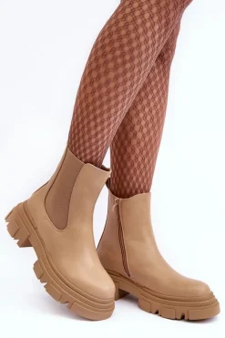 Hot Boto Skórzane Botki Sztyblety Na Płaskim Obcasie i Platformie Beżowe Solita