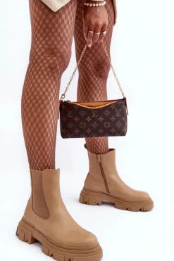 Hot Boto Skórzane Botki Sztyblety Na Płaskim Obcasie i Platformie Beżowe Solita