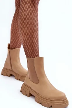 Hot Boto Skórzane Botki Sztyblety Na Płaskim Obcasie i Platformie Beżowe Solita