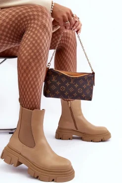 Hot Boto Skórzane Botki Sztyblety Na Płaskim Obcasie i Platformie Beżowe Solita