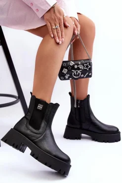 Botki Ocieplane|Botki Skórzane>Boto Skórzane Botki Sztyblety Na Masywnej Platformie Czarne Lemar Lisencca Czarny