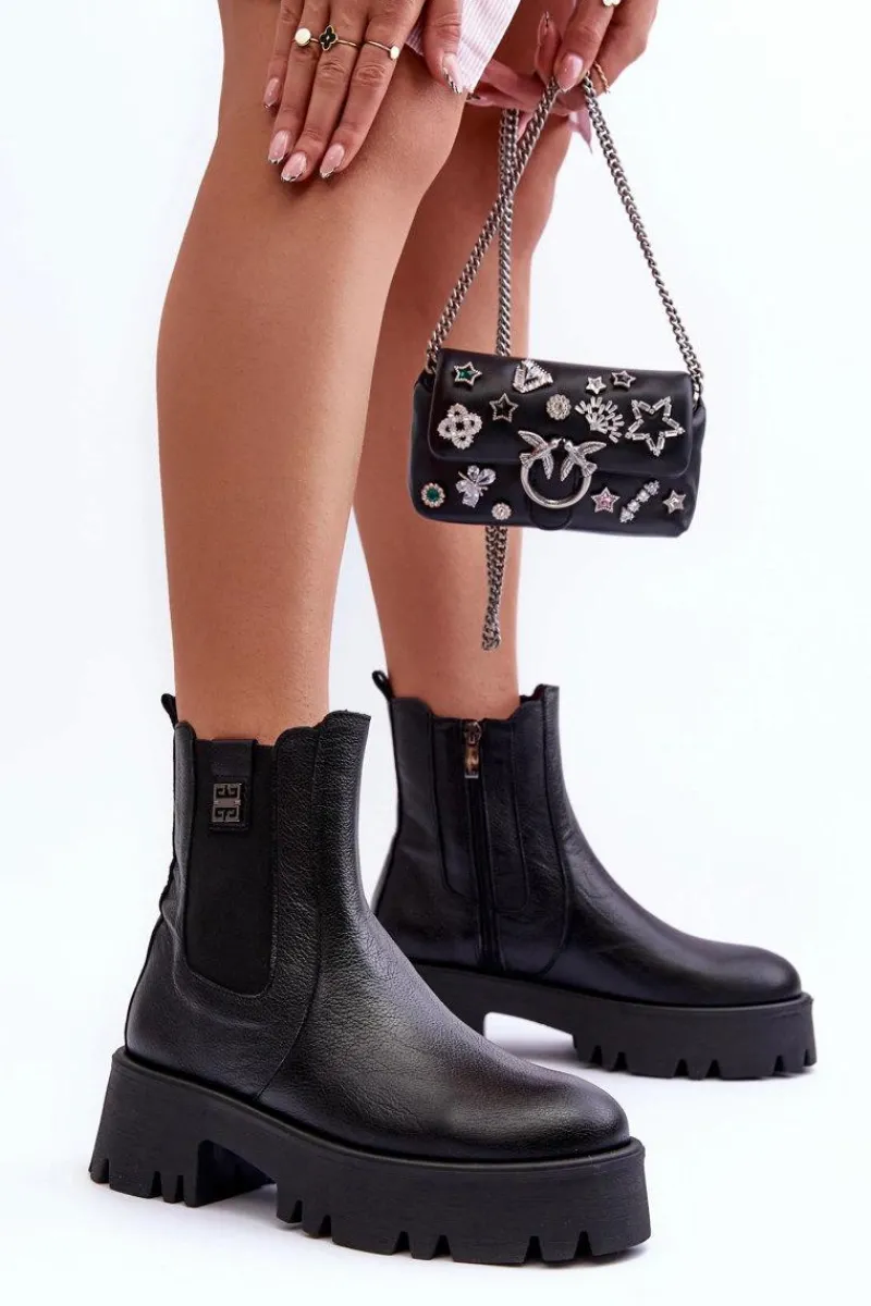 Botki Ocieplane|Botki Skórzane>Boto Skórzane Botki Sztyblety Na Masywnej Platformie Czarne Lemar Lisencca Czarny