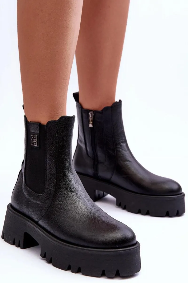 Botki Ocieplane|Botki Skórzane>Boto Skórzane Botki Sztyblety Na Masywnej Platformie Czarne Lemar Lisencca Czarny