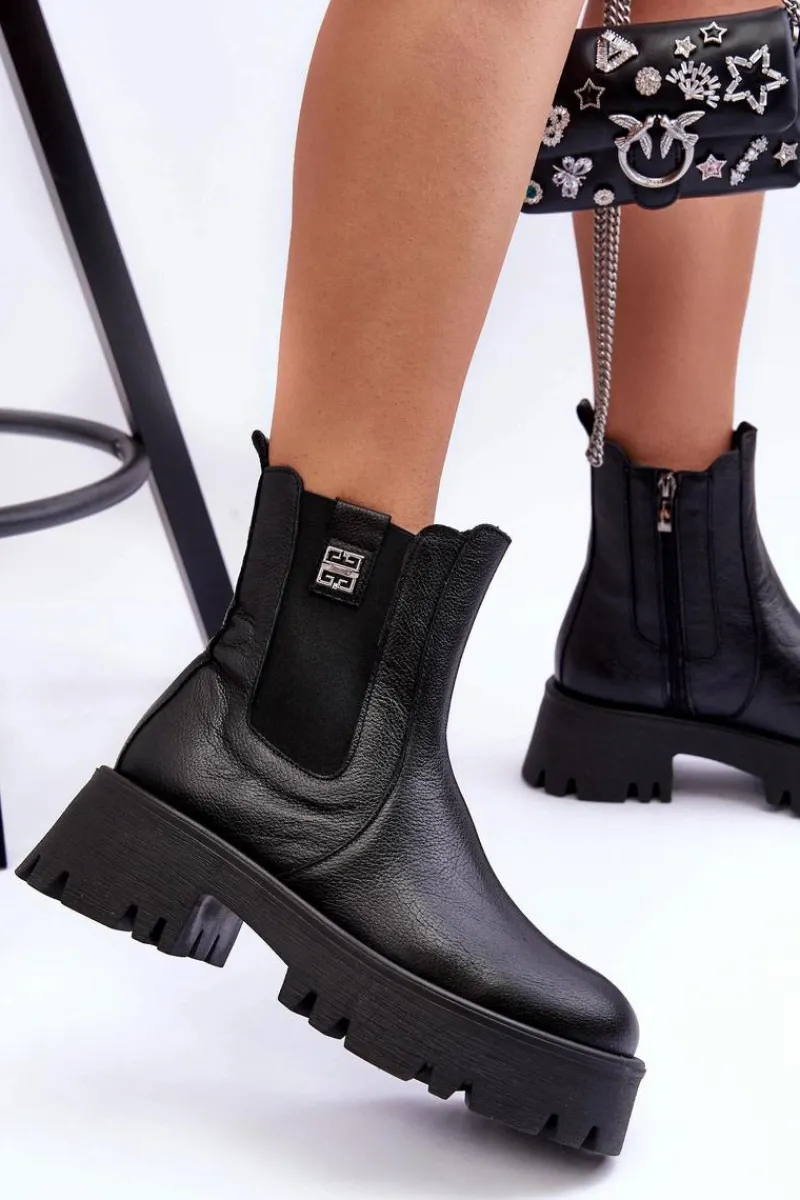 Botki Ocieplane|Botki Skórzane>Boto Skórzane Botki Sztyblety Na Masywnej Platformie Czarne Lemar Lisencca Czarny