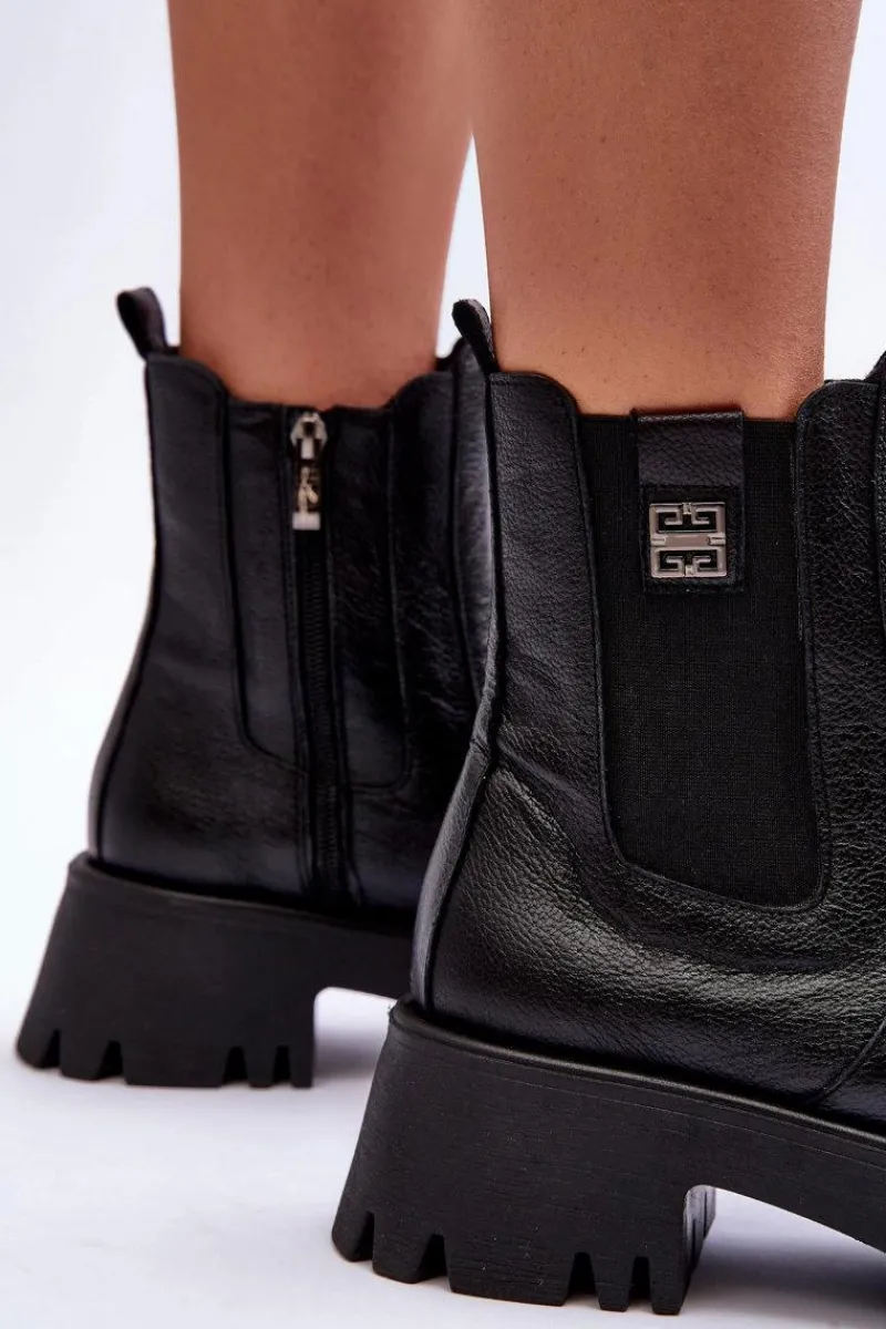 Botki Ocieplane|Botki Skórzane>Boto Skórzane Botki Sztyblety Na Masywnej Platformie Czarne Lemar Lisencca Czarny