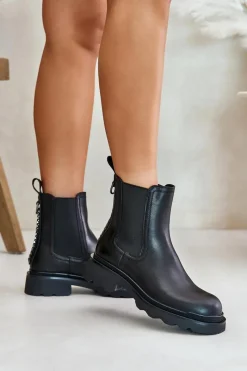 Damskie buty S.Barski Skórzane Botki Sztyblety Z Ozdobnym Łańcuchem Ocieplane D&A JC42-86 Czarne