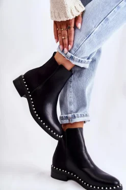 Czarne Botki|Botki Zimowe Damskie>Boto Skórzane Botki Sztyblety Z Perełkami Czarne Jilanna