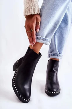 Czarne Botki|Botki Zimowe Damskie>Boto Skórzane Botki Sztyblety Z Perełkami Czarne Jilanna