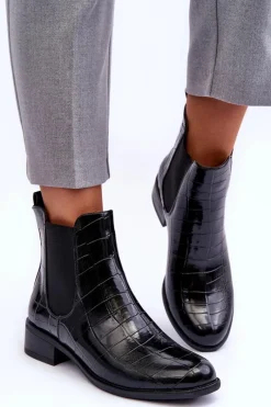 Sale Skórzane Botki Sztyblety Zwierzęcy Wzór Czarne Daina Damskie Czarne Botki|Botki Zimowe Damskie